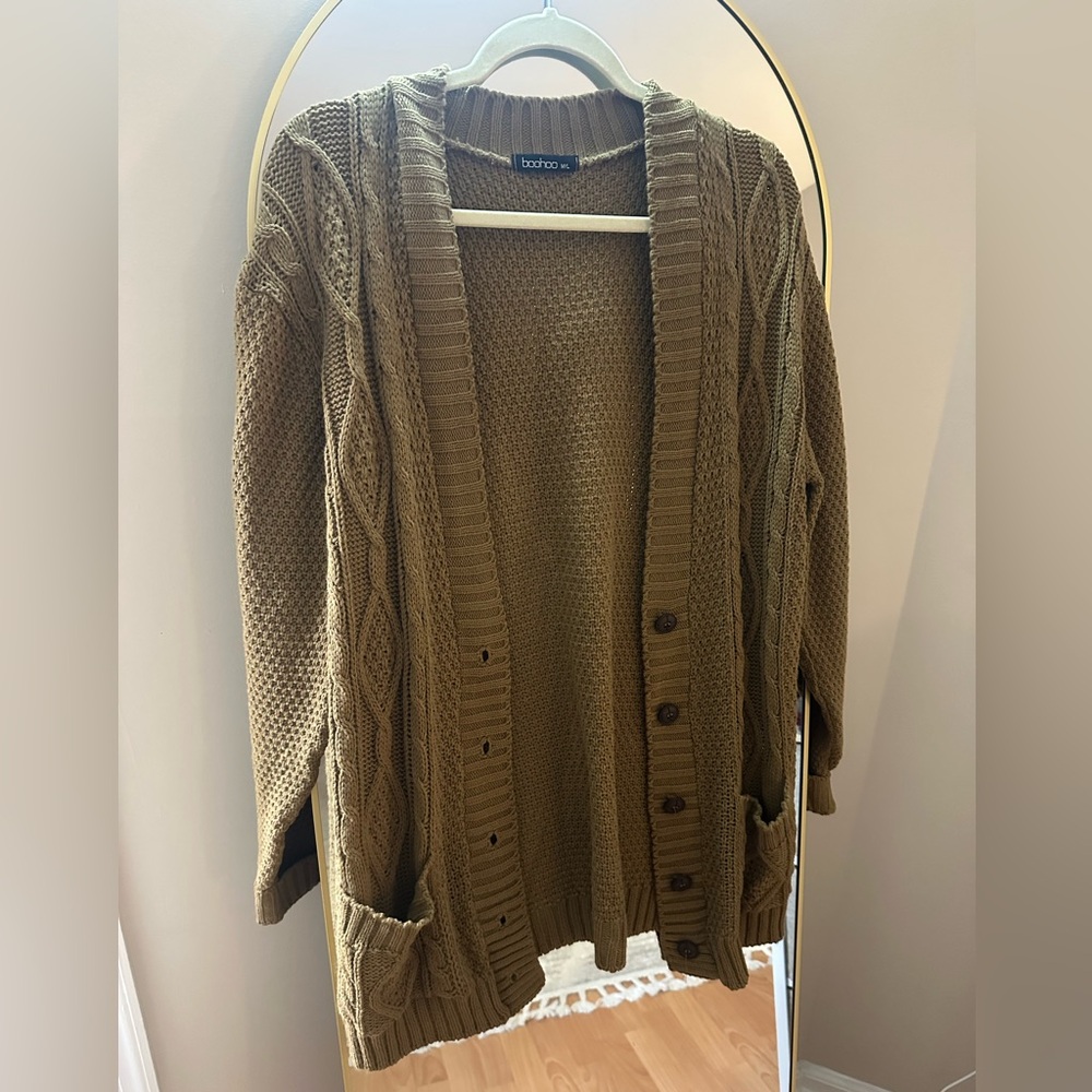 Boohoo Olive Cable Knit Cardigan with Pockets